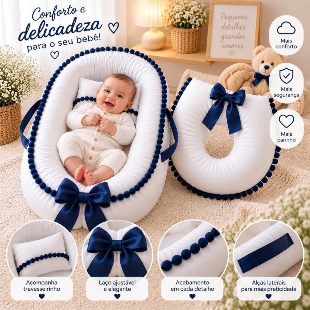 Kit Ninho Bebe +Almofada de Amamentação LUXO POMPOM