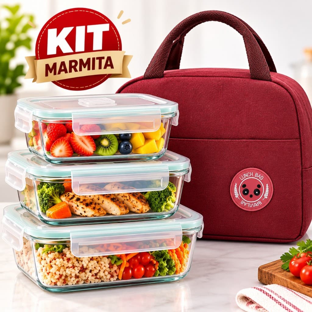 Kit Marmita com Potes de Vidro Hermético + Bolsa Térmica para Trabalho Academia