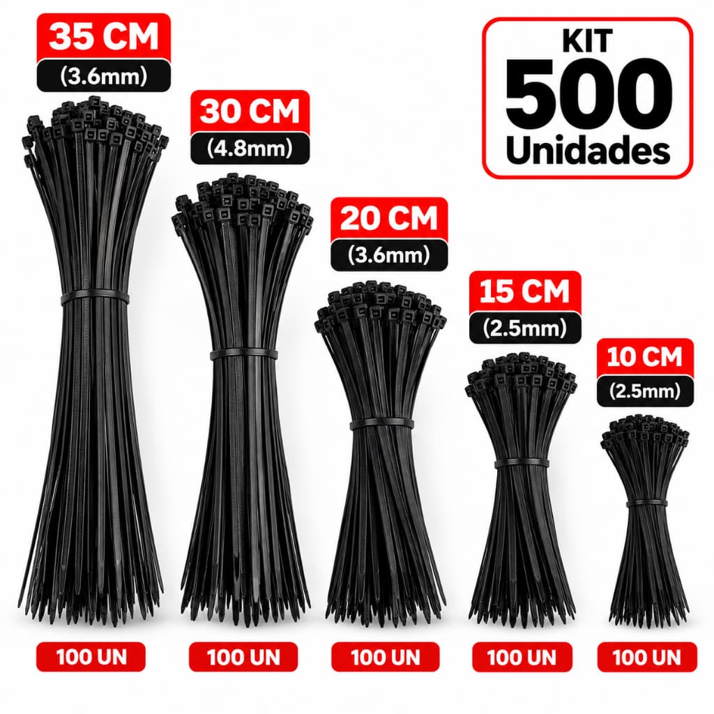 Kit 500 Abraçadeira de Nylon Enforca Gato Braçadeira Cintas Plásticas 10cm - 15cm - 20cm - 30cm - 35cm - Preta | Branca