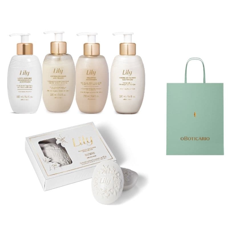 Presente Boticário Lily: Creme de Banho, Leite Sublime 250ml, Shampoo 250ml, Condicionador 250ml, Cx Sabonete 2 barras