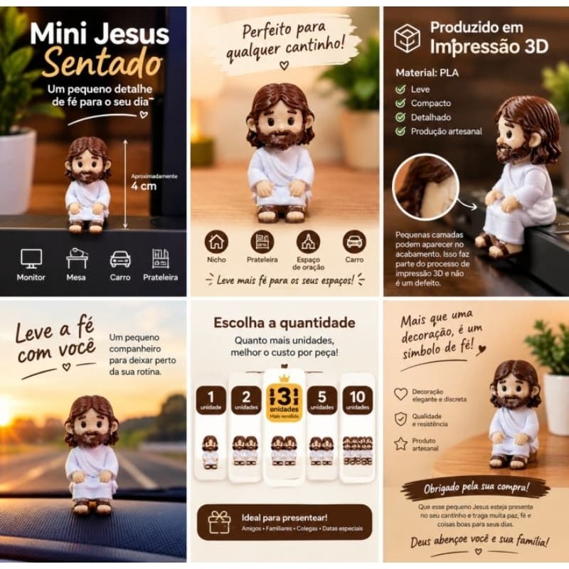 Mini Jesus Sentado 4cm Decoração 3D Para Monitor Mesa Carro Prateleira