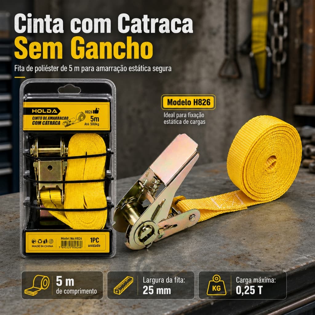 Eletromex Cinta com Catraca Sem Gancho 5m 25mm Carga 250kg Fita Poliéster Amarração Carga Picape Moto Mudança