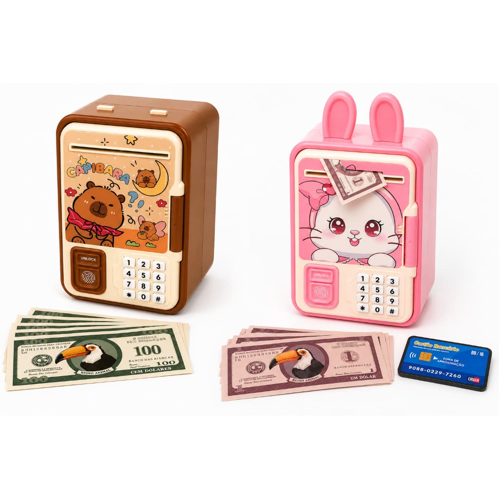 Cofre Digital Infantil  Animais Com Senha  Biometria Brinquedo Para Moedas  Cédulas Coelho Capivara