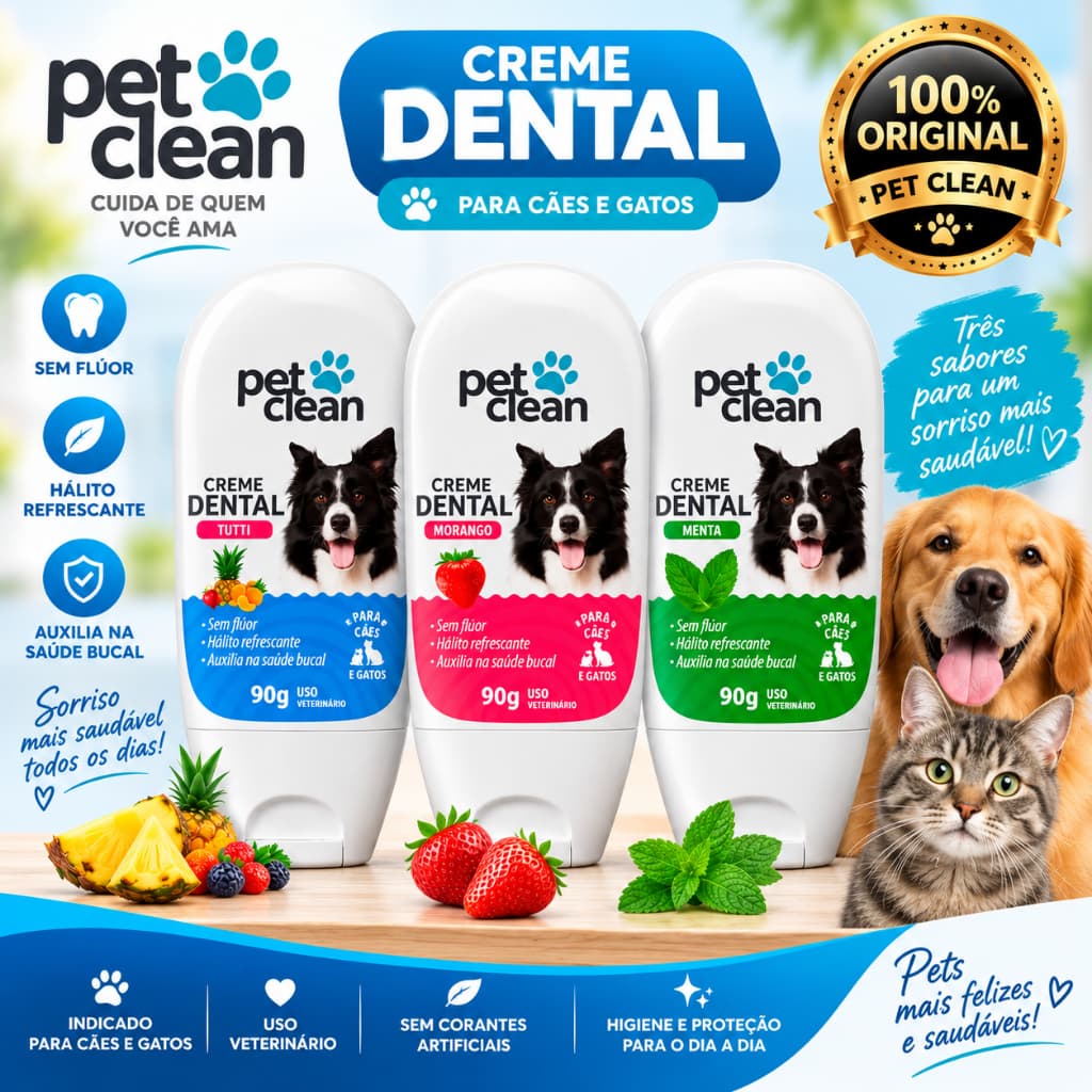 Pasta de Dente p/ Cães Gatos Creme Dental Menta Morango ou Tutti-Frutti 90g Pet Clean