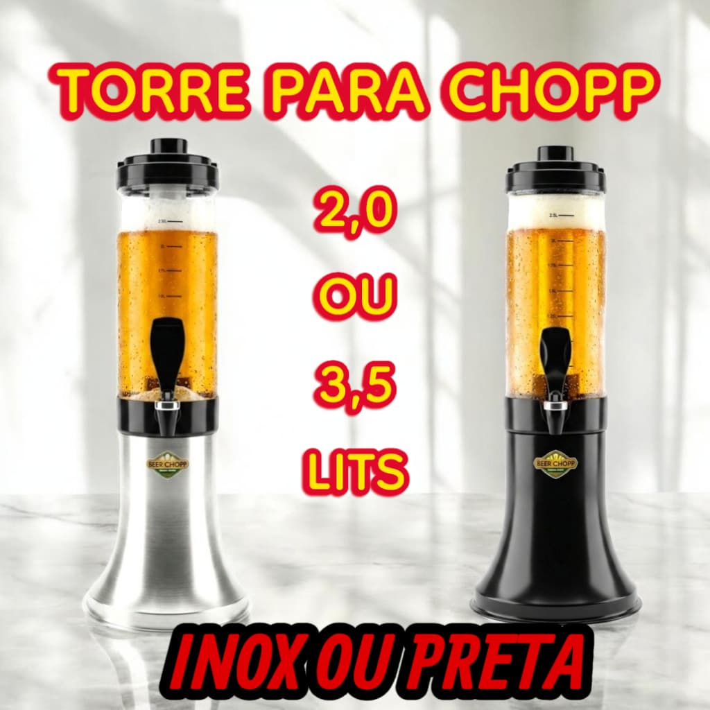 Torre Chopp SLIM 2,0 ou 3,5 Litros C/ 2 Refil Copo Giratório Preta Beer Chopp Restaurante e bares