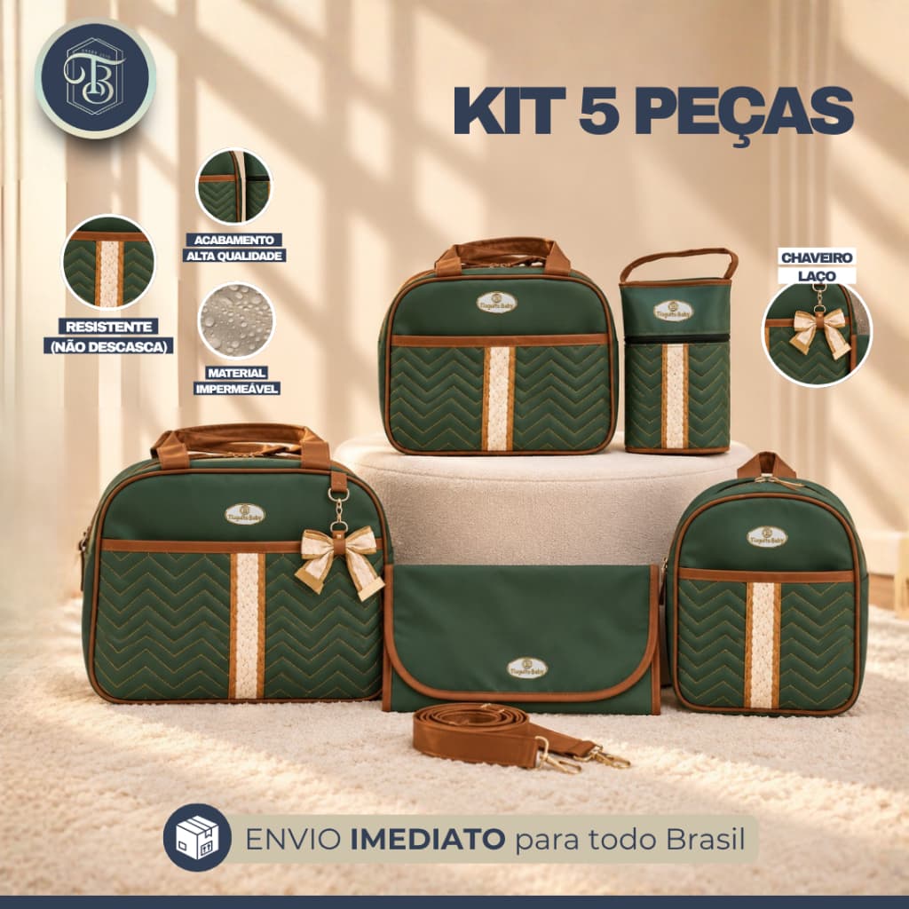 Kit Bolsa de Bebê Laço 5 Peças (Verde Militar)