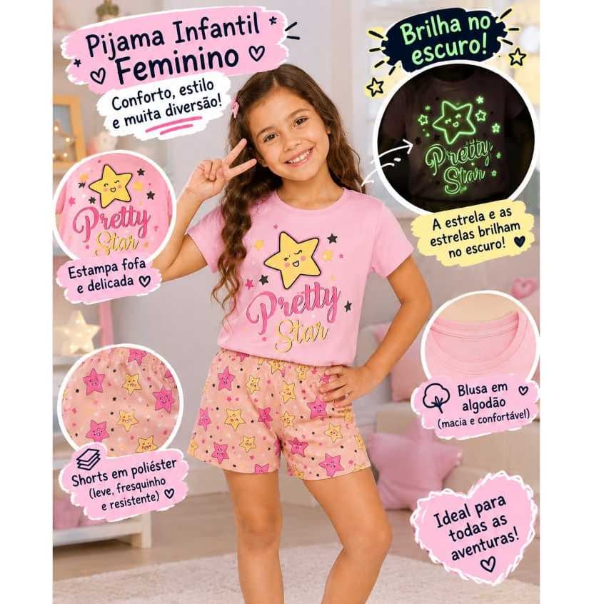 Conjunto pijama infantil verão menina tema Estrela tamanho 1 ao 8 shorts + blusa manga curta confortavel