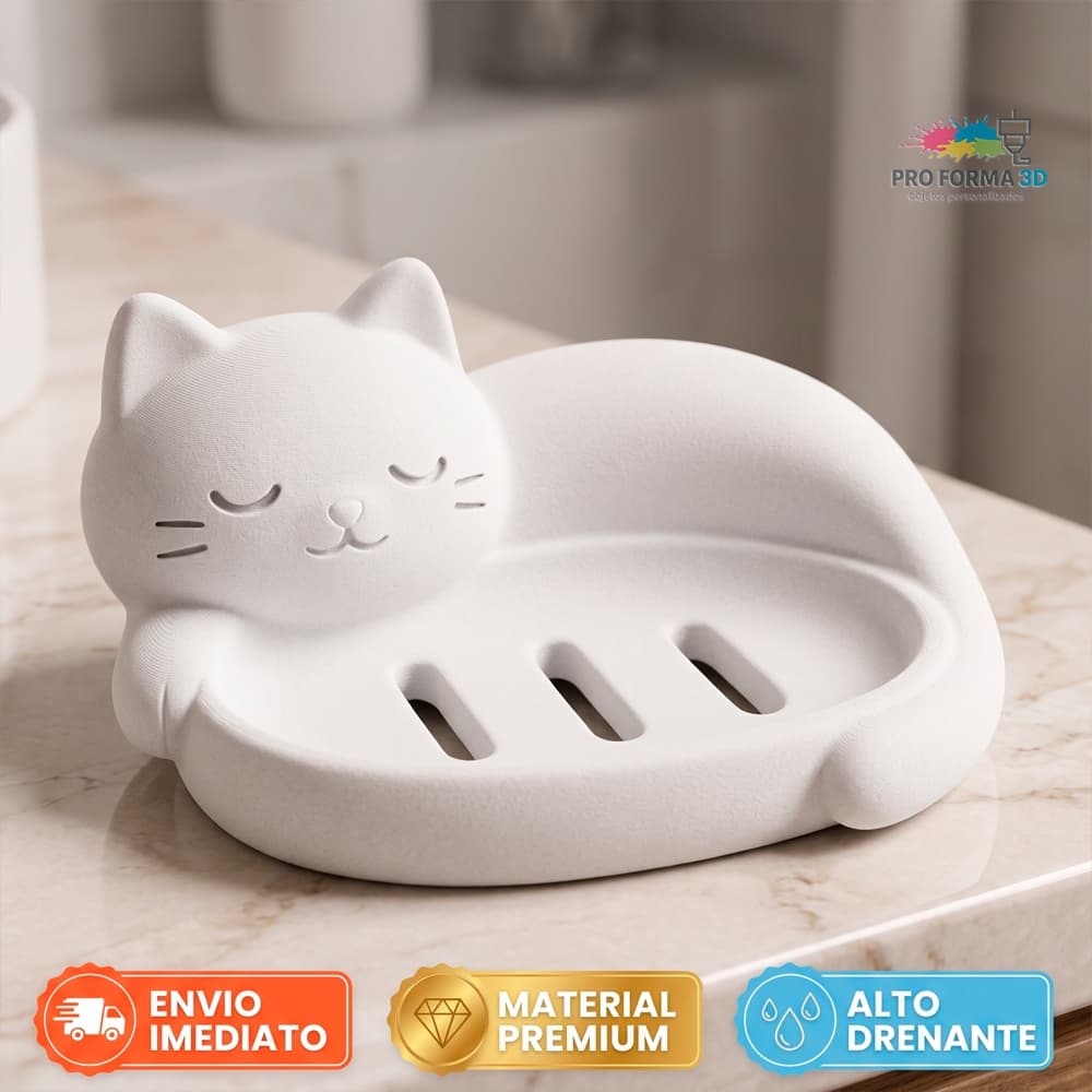 Saboneteira Porta Sabonete Gato Gatinho - Lavabo Pia Box Mesa Bancada Auto Drenante