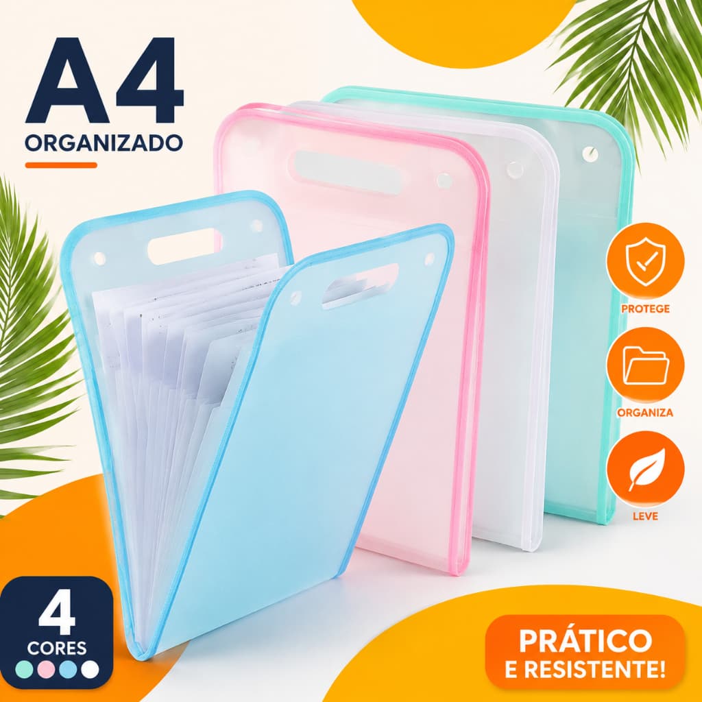 Pasta Sanfonada A4 12 Divisórias Organizadora de Documentos Expansível Rosa Branco Azul Verde