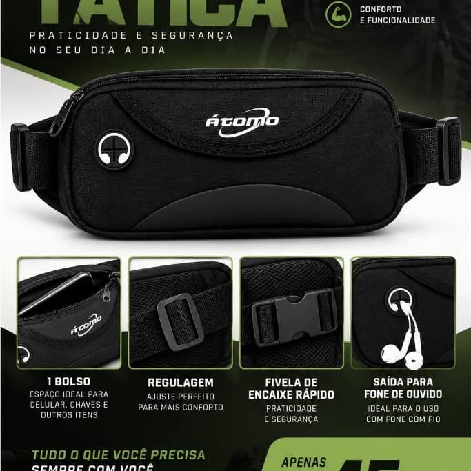 Pochete Tática Preta com Cinto Ajustável e Fecho de Engate Rápido