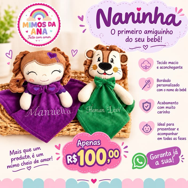 Naninha Personalizada Bebê Com Nome Bordado Presente Chá de Bebê