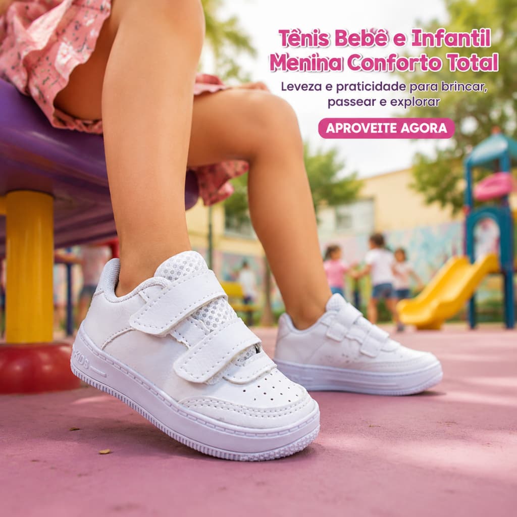 Tênis Velcro Baby Branco e Preto Infantil Menina - Ideal Para a Escola - 20 ao 35  Envio Imediato