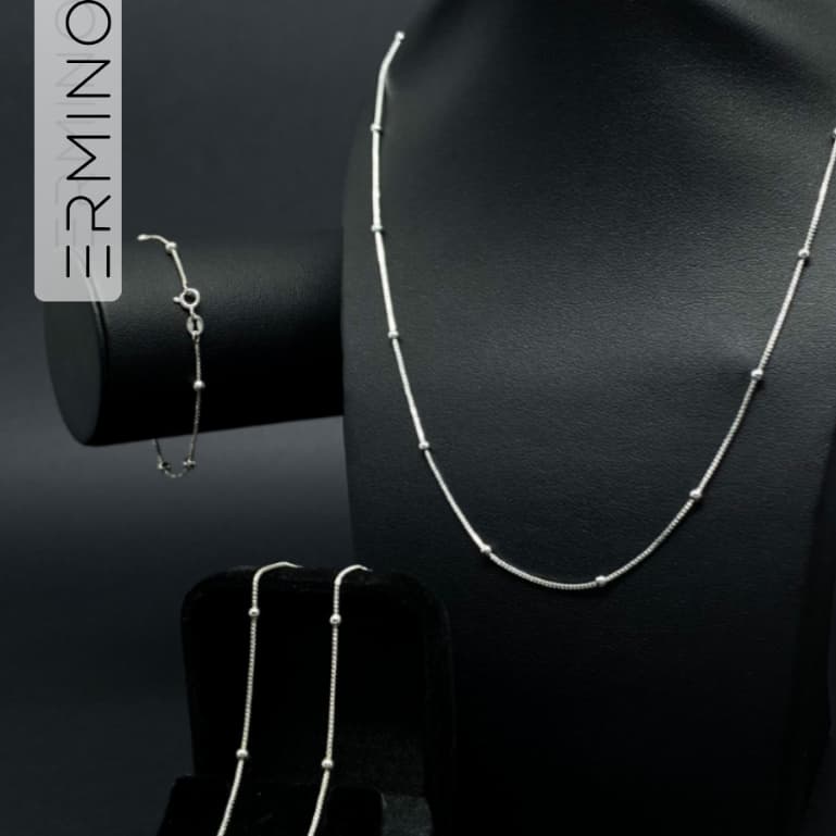Conjunto Bolinha Prata 925 Colar Pulseira Tornozeleira Veneziana Legítima Feminina + Caixa Presente