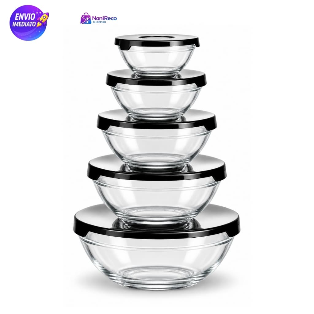 Kit 5 Potes de Vidro com Tampa para Armazenamento de Alimentos Ideal para Cozinha, Geladeira e Freezer