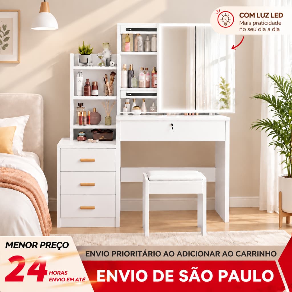 BAIERDI Mesa de Maquiagem Penteadeira com Espelho LED HD, 3 Gavetas, Armário e Banqueta Branca
