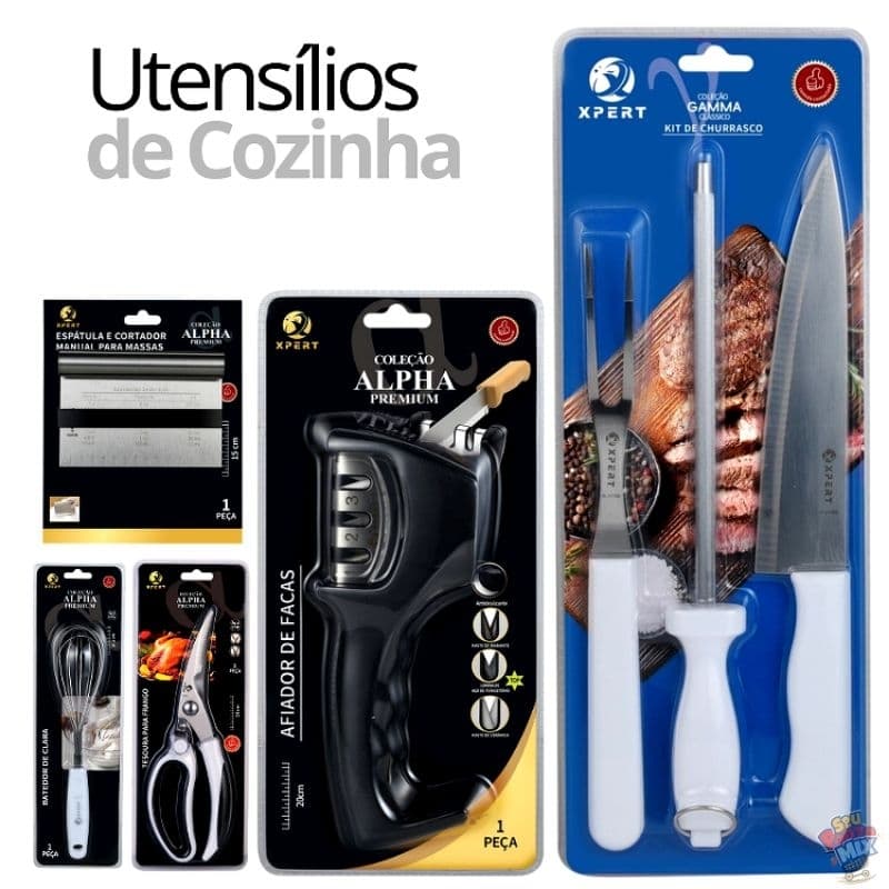 Utensílios de Cozinha e Churrasco Aço Inox – Espátula, Faca, Garfo, Tesoura, Chaira, Afiador, Fouet