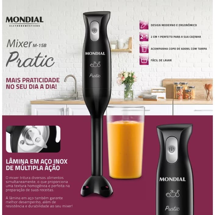 Mixer Mondial Pratic M-15-B 2 em 1 com Copo Medidor Preto – 200 W PRATIC M-15-B 200W PT 110V