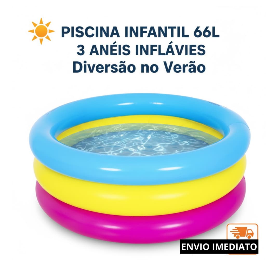 Piscina Inflável Infantil 66 Litros 3 Anéis Colorida 76cm Verão Criança Envio Imediato
