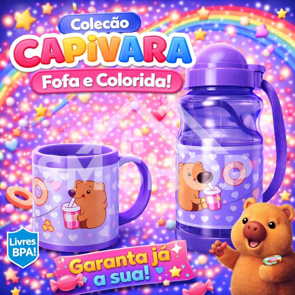Kit Garrafa Da Agua Squeeze + Caneca de Capivara Infantil Decorada Com Alça Menina Menino Lançamento