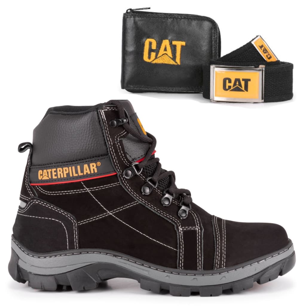 Kit Bota Caterpillar Masculina Original Couro Preto + Carteira e Cinto palmilha a Gel Confortável .