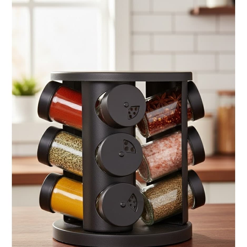 Porta Temperos Giratório 9 Peças Preto Metal e Vidro - Ruvolo
