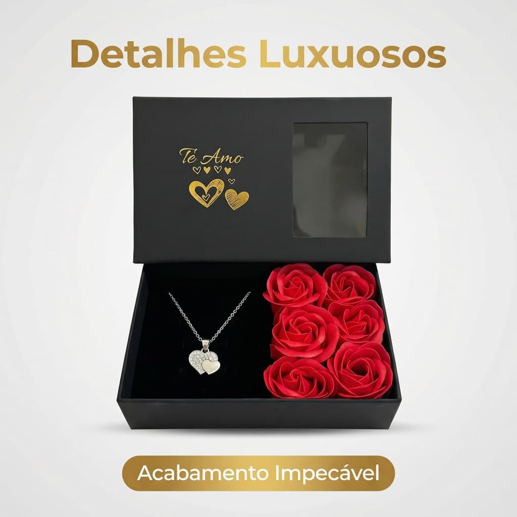 Colar com Pingente Coração + Caixa de Rosas – Presente Romântico Dia dos Namorados