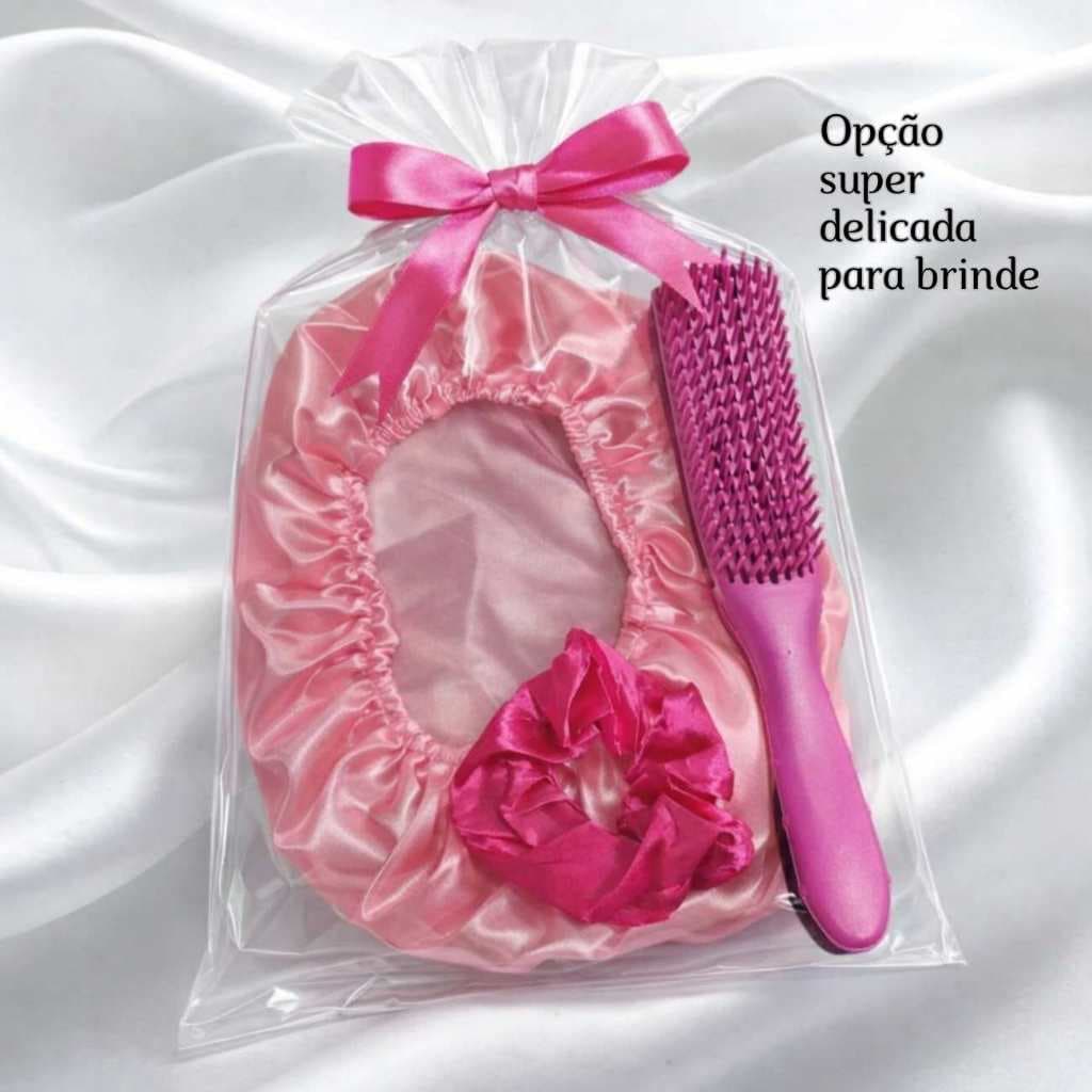 Touca de Cetim, escova e xuxinha para cabelo Brinde Mulher