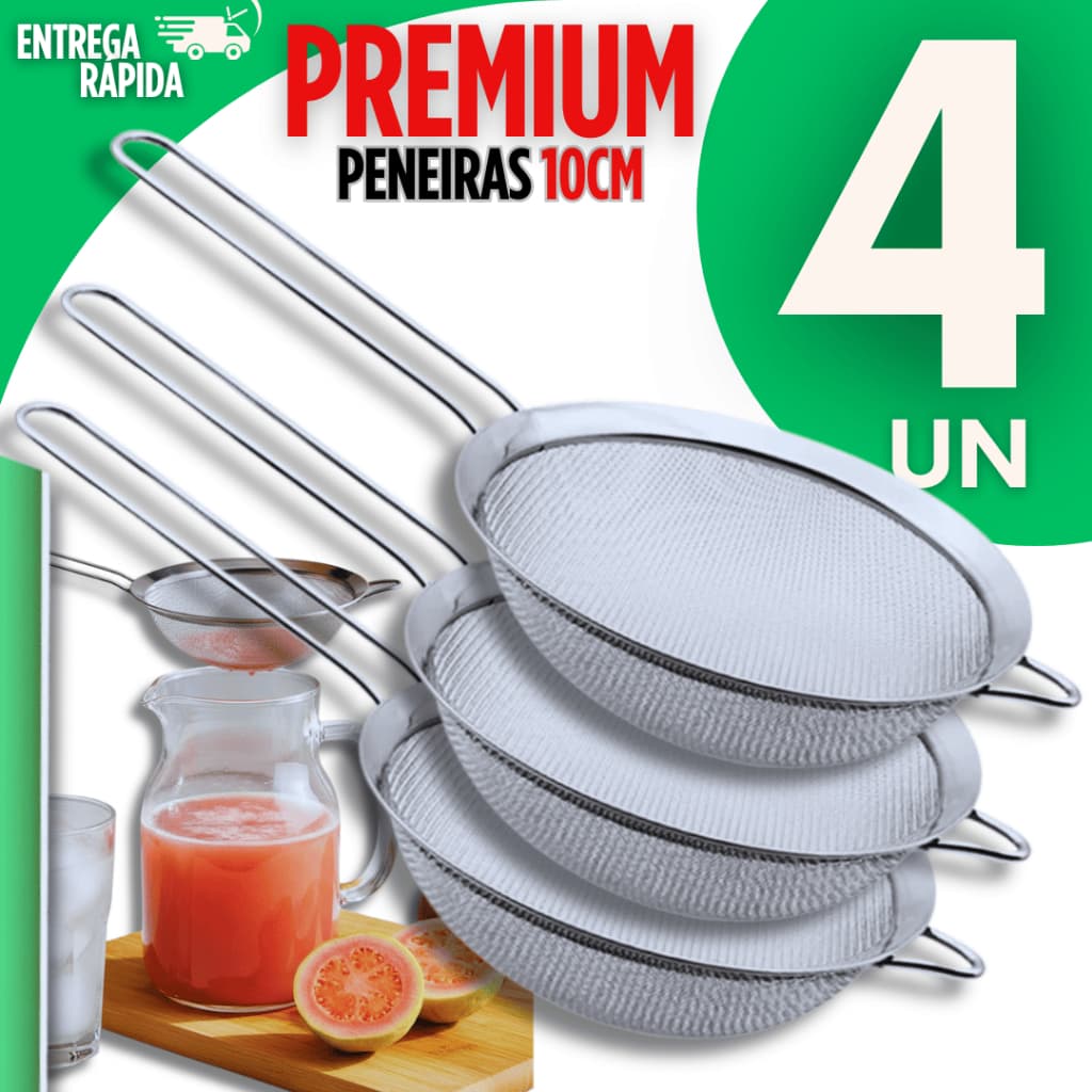 Conjunto Peneira 10cm Coador Aço Inox Para Cozinha Farinha Tapioca Bebidas Sucos Utensílios Peneiras