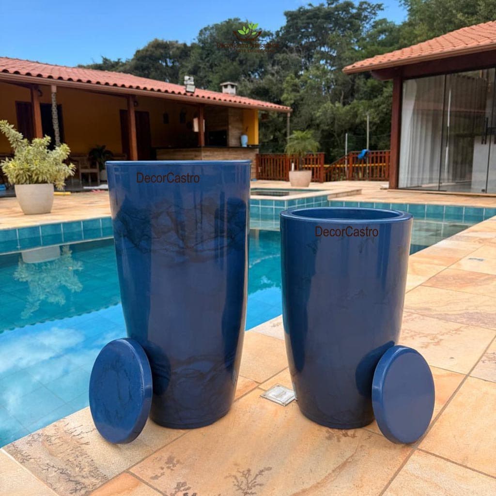 Kit 2 Vasos Grande para Plantas Coluna Polida Lisa Marmorizada Com Prato M/G em Polietileno Decor