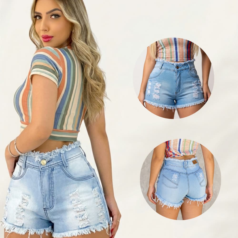 Short Jeans Feminino Cintura Alta Detonado Levanta Bumbum 100% Algodão Modelagem Premium