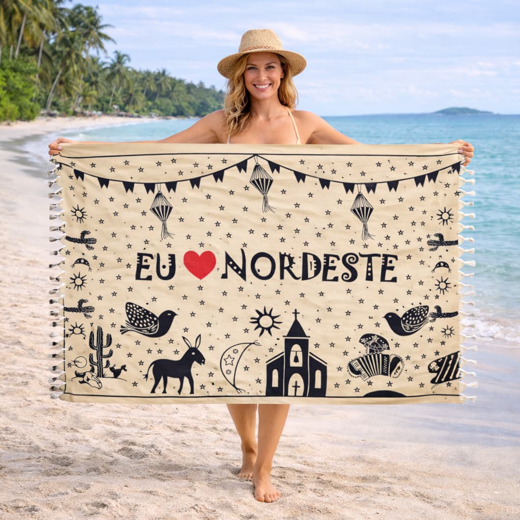 Canga Eu Amo Nordeste Estampada Grande Saída de Praia Feminina Moda Praia Verão Pareô Praia Piscina