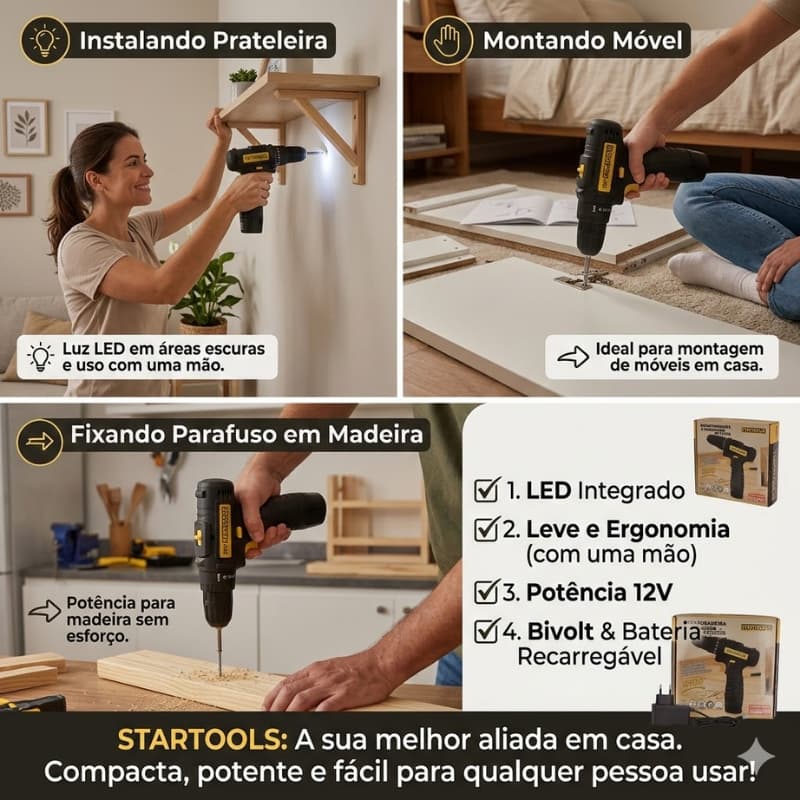 Parafusadeira Furadeira Eletrica Bateria Portatil 12v Compacta Potente