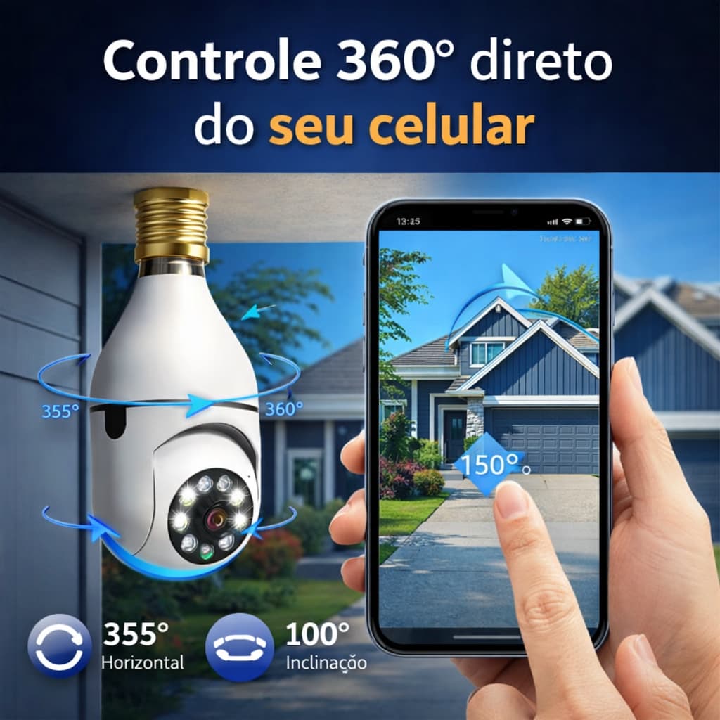 Câmera Lâmpada WiFi 360° Full HD 1080p Visão Noturna Colorida Áudio Bocal E27