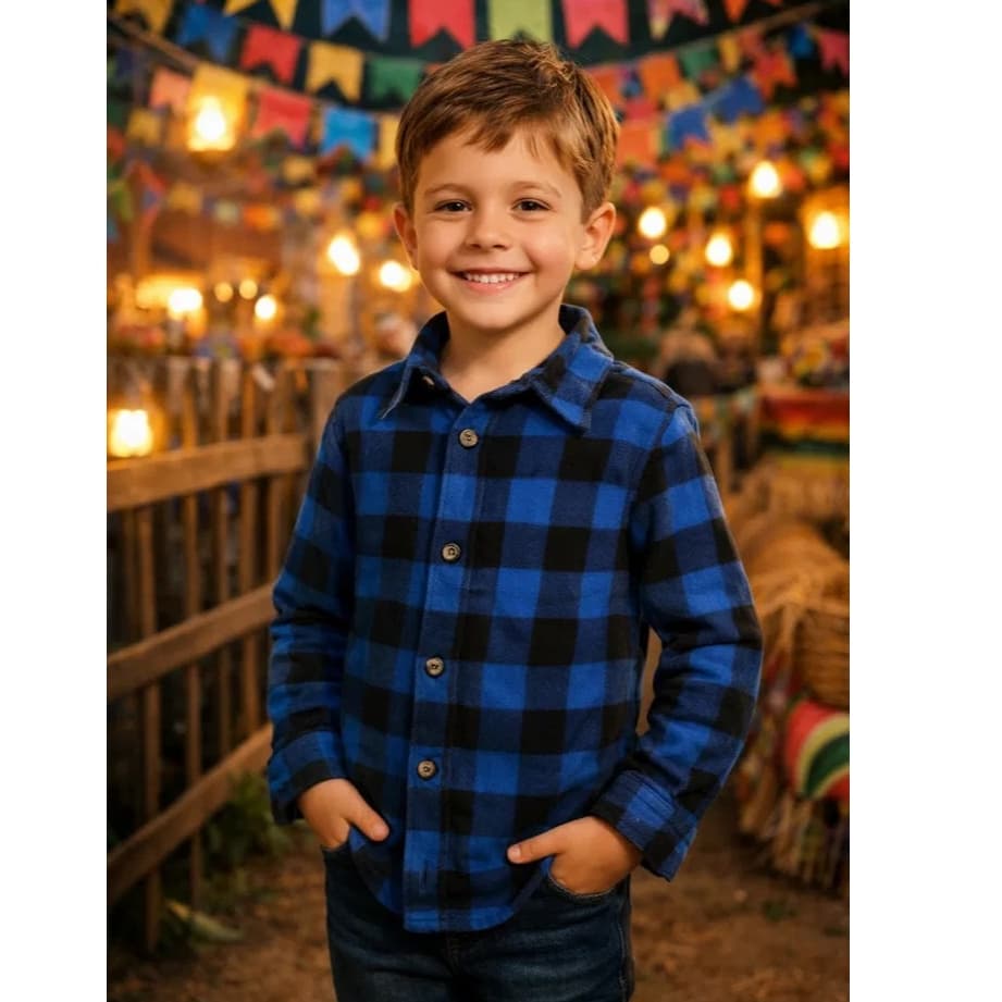 Camisa Xadrez Infantil Flanelada Blusa Manga Longa De Botão Com Gola