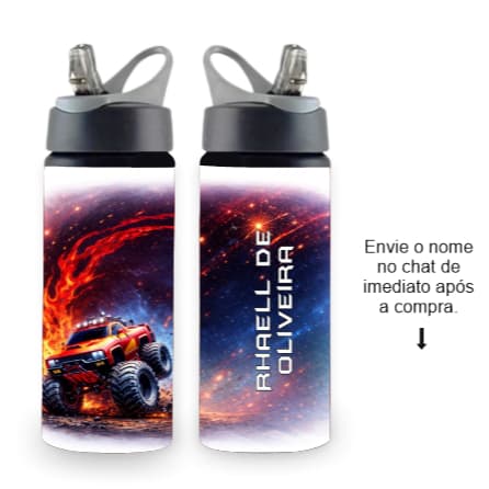 Garrafa Monster Truck 600ml em Alumínio – Personalizada com Nome | Infantil