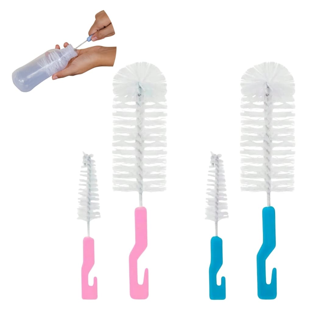 Kit Escova Para Lavar Mamadeira, Copo E Bico Azul E Rosa