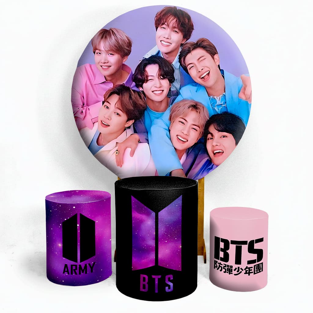 Capa Painel de Festa Tema Bts Aniversario + Capa Kit Cilindros
