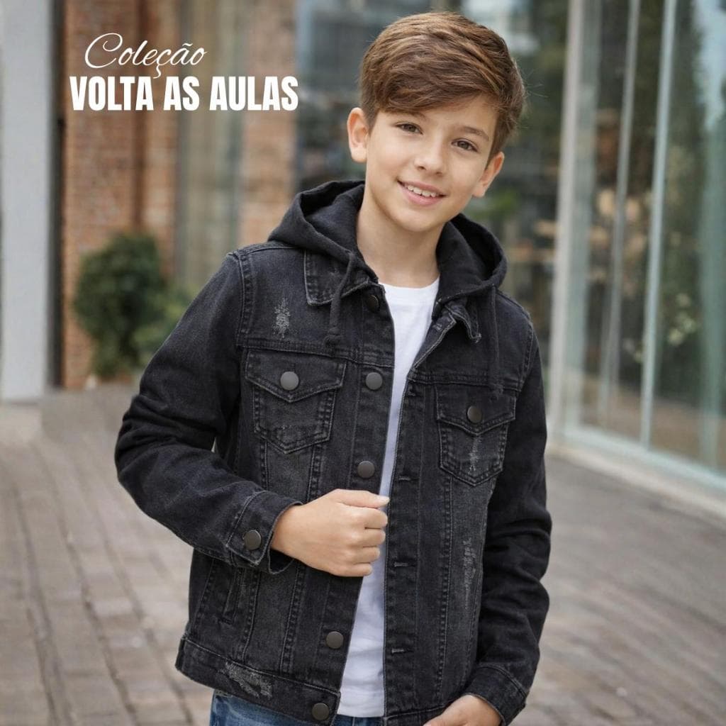 Jaqueta Jeans Juvenil Masculino Tamanhos 10 ao 16 – Volta às Aulas com Capuz – Outono Inverno
