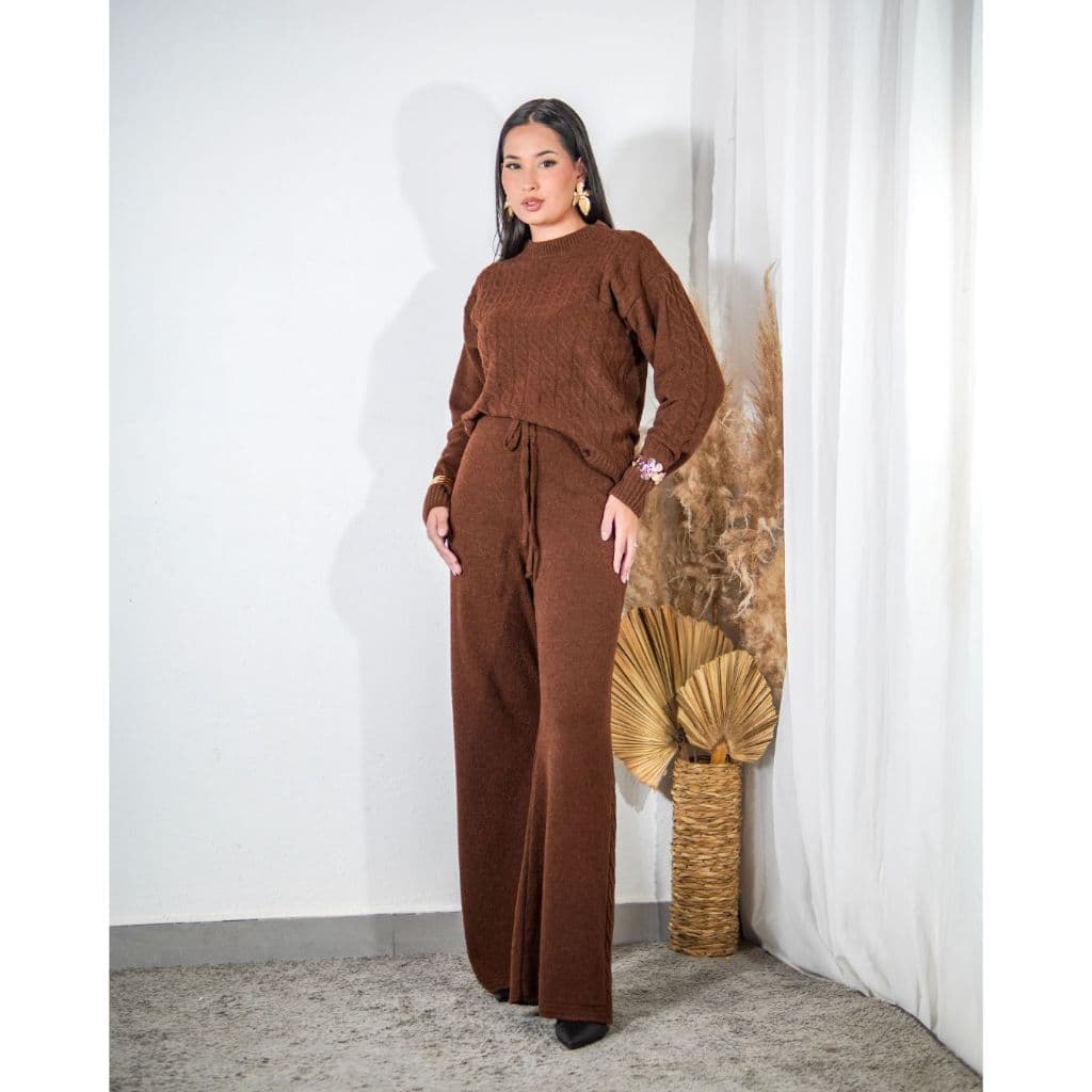 Conjunto de Frio Mussi Feminino Tricô Moda Inverno Calça Pantalona Tricot Textura Trançada