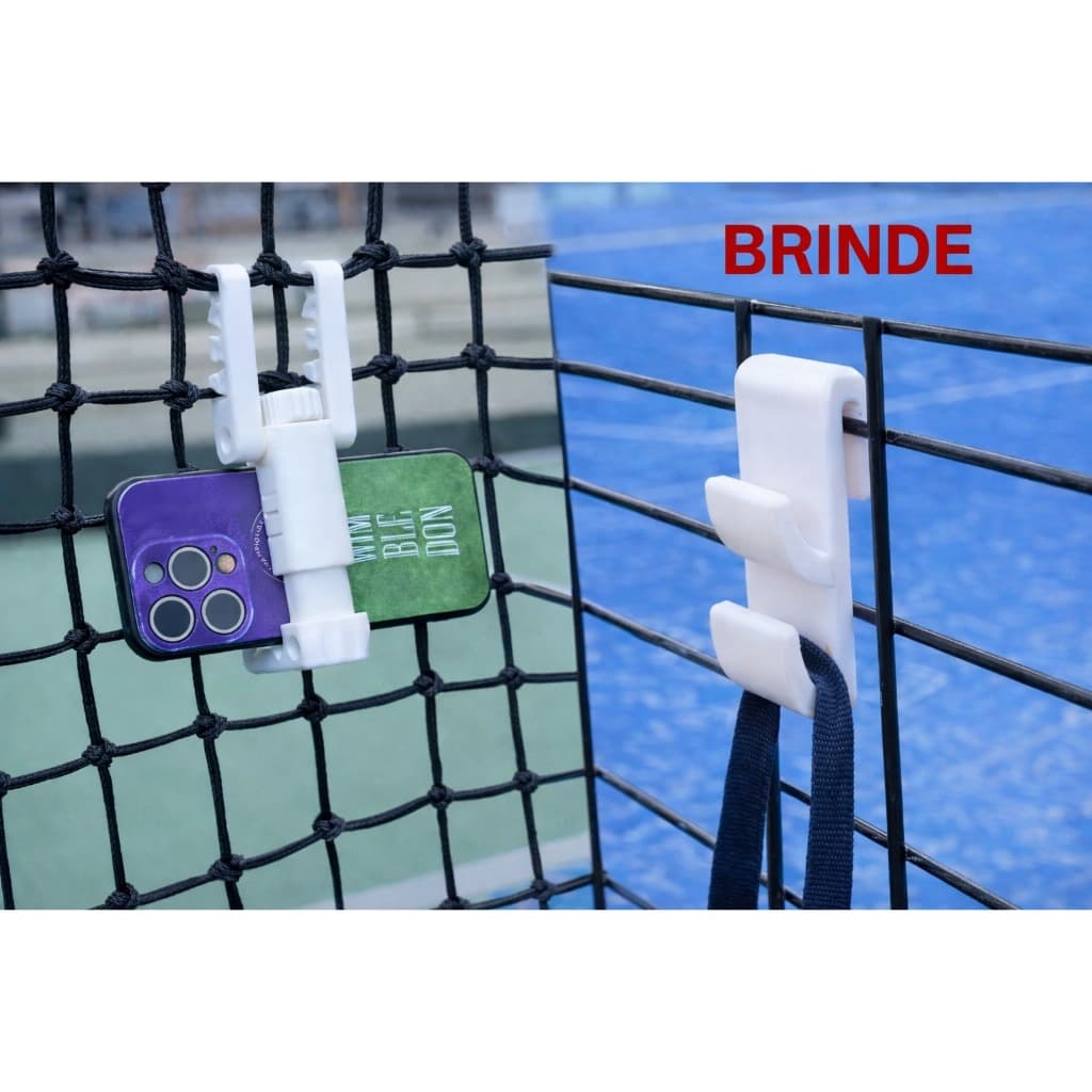 Suporte para Celular Quadra de Tênis/Beach tennis Fixação na Rede + Gancho Porta Raquete e Mochila