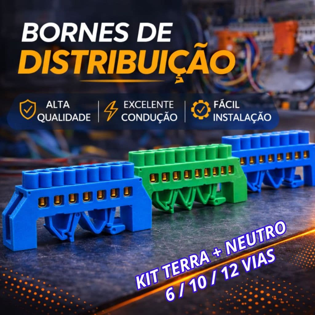 KIT BARRAMENTO BORNE ISOLADO 1 TERRA VERDE E 1 NEUTRO AZUL 6 10 12 VIAS FUROS PARA TRILHO DIN