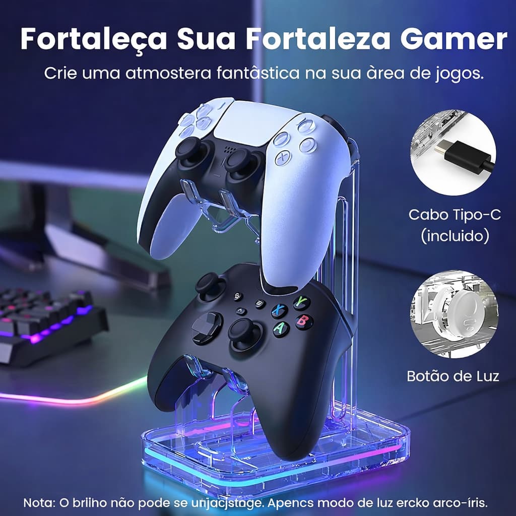 🎮 Suporte Gamer RGB para Controle e Headset com USB – Base Transparente Alta Resistência PS5 / Xbox