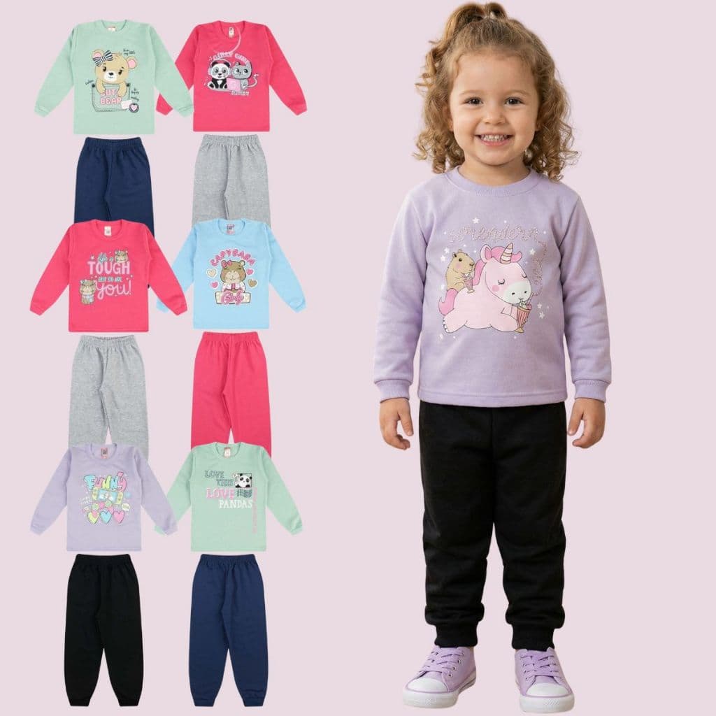 Kit 8 Peças 4 Conjunto Moletom Feminino Infantil Menina Quentinho 1 a 8 Estampado Blusa Calça Bebê