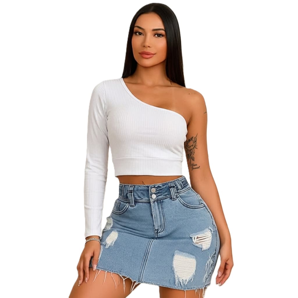 Cropped Feminino Um Ombro Só Manga Longa Canelado – Blusa Cropped Moda Feminina Ajustada Casual
