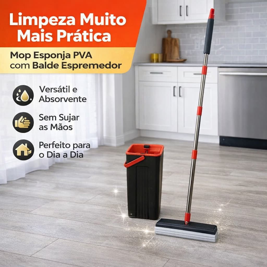 Mop Esponja PVA com Balde Espremedor e Cabo em Aço Inox 125cm Alta Absorção e Limpeza Prática