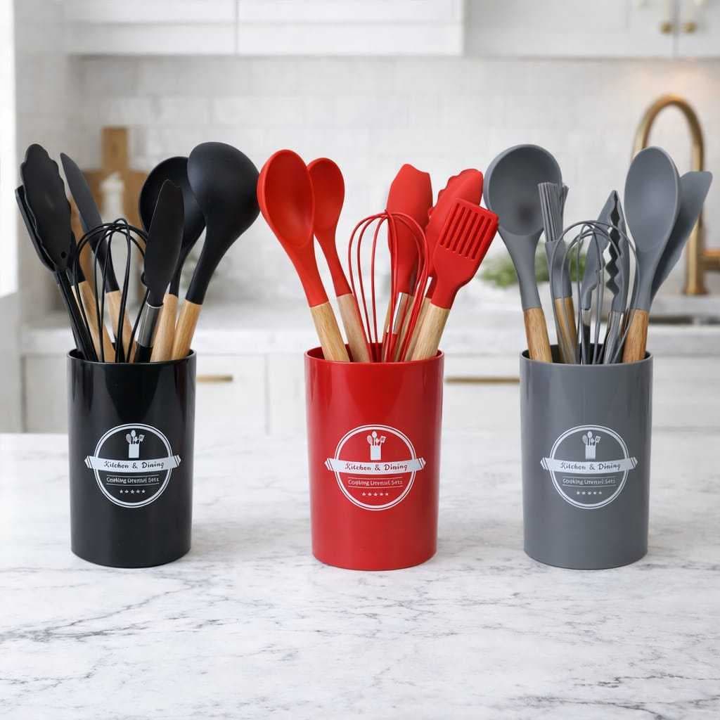 Jogo Completo de Utensílios de Silicone com Cabo de Madeira Kit com 7 Peças Preto, Cinza e Vermelho