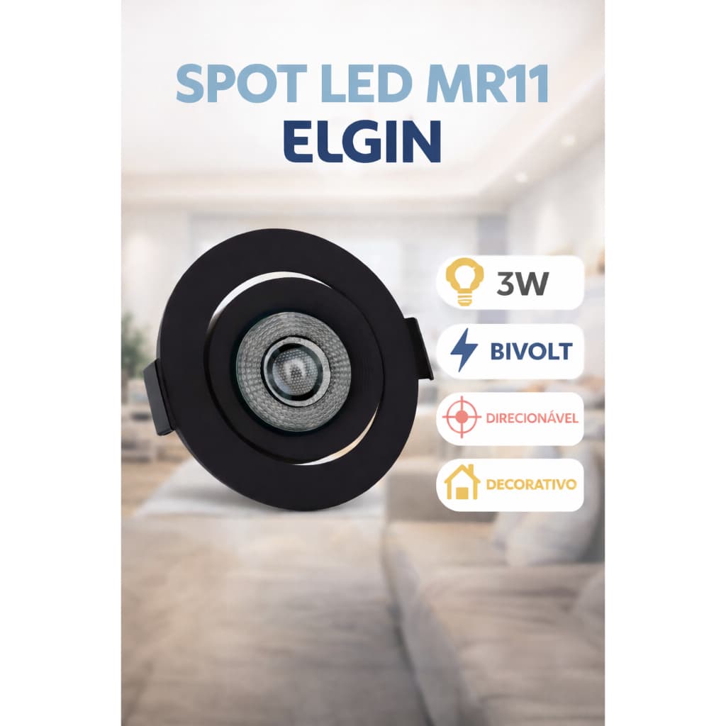 Spot LED MR11 3W Elgin Direcionável Preto Bivolt | Luz Branco Frio 6500K ou 3000K Embutir Teto