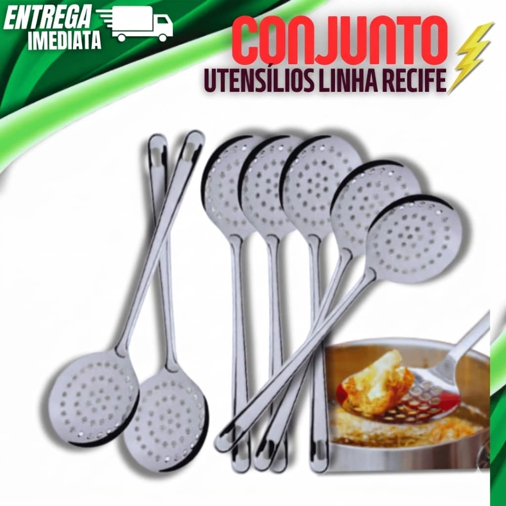 Escumadeira Linha Premium Frituras Espumadeira Batata Utensílios Cozinha Aço Inox 25,5cm