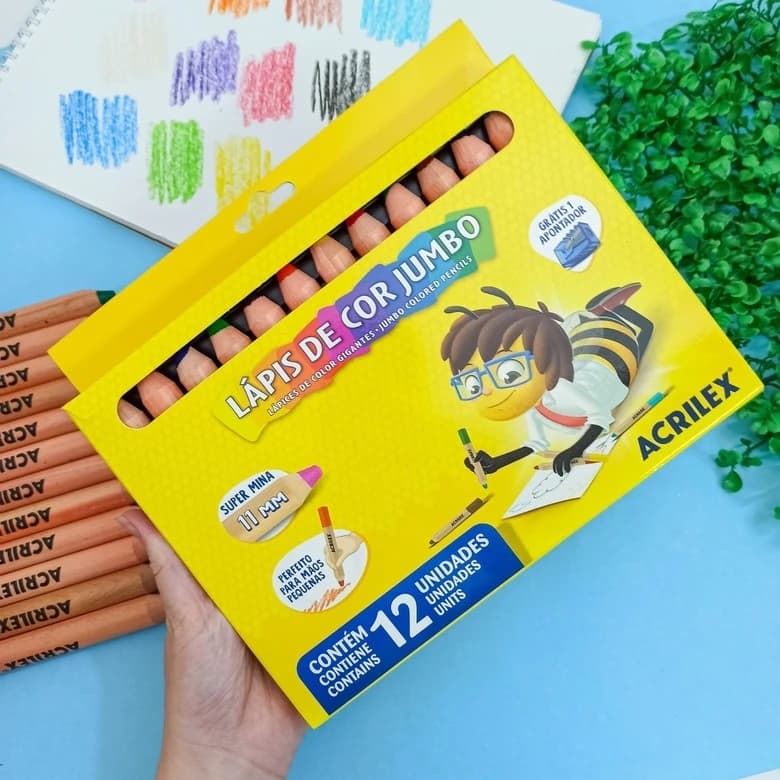 Lápis de Cor Jumbo Super Mina 6 ou 12 Cores 11mm Grosso com Apontador Próprio Acrilex