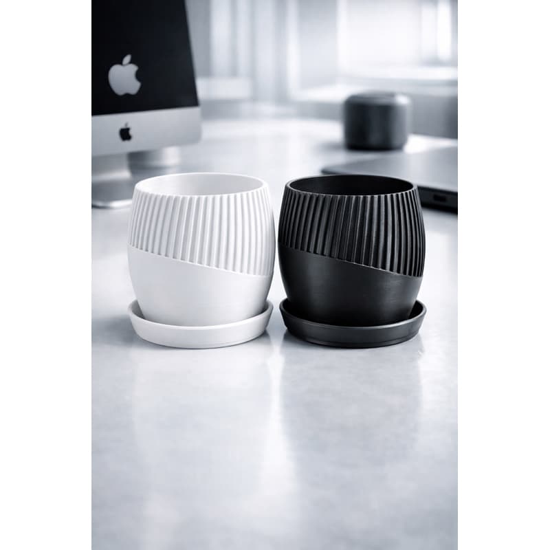 Vaso Decorativo Moderno com Prato – Vaso Minimalista para Plantas e Suculentas | Impressão 3D Branco ou Preto